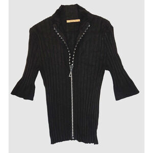 Belldini Women's Rhinestone Zippered Ribbed Knit Cardigan Sweater Size Medium